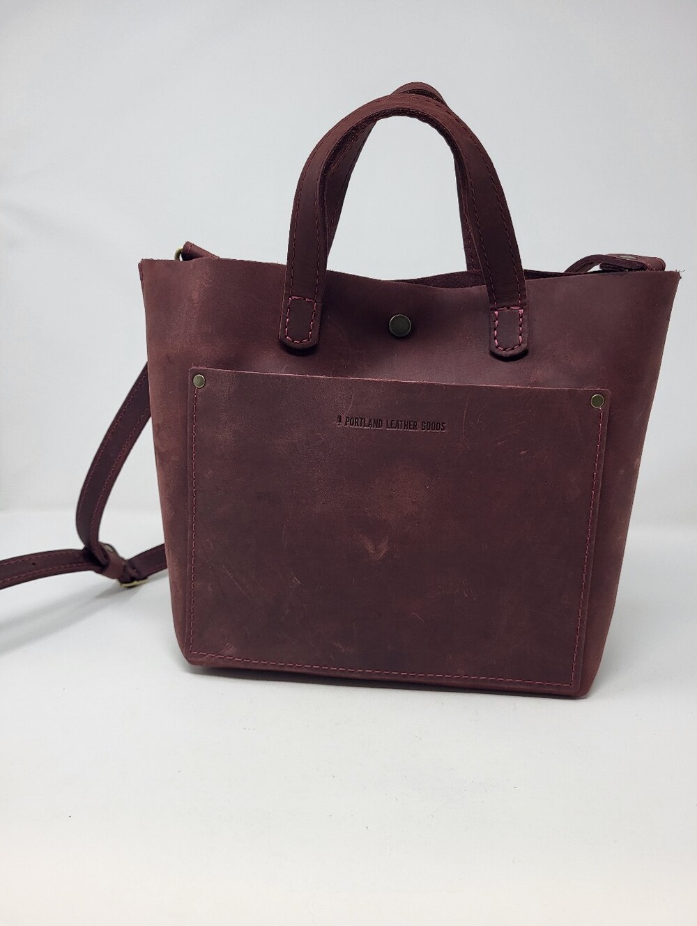 Portland Leather Goods Mini Crossbody Tote Top Handles Removable Strap Deep Plum